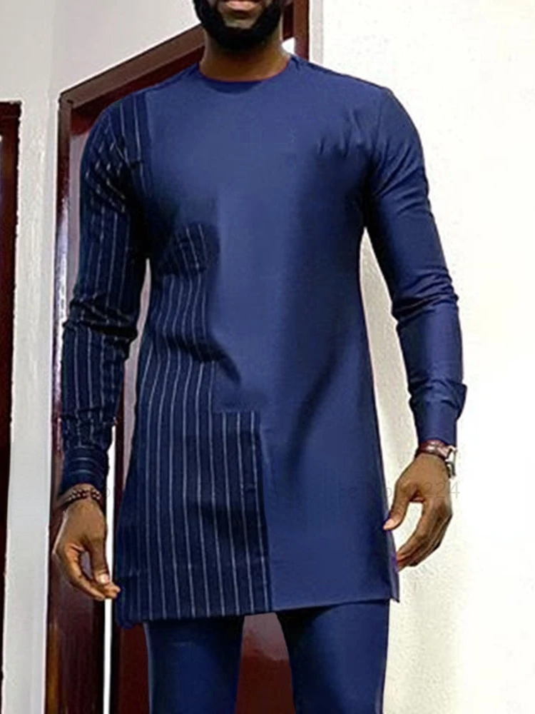 

Muslim Fashion Men Stripe Long Sleeve T-shirt Male Caftan Traditional Ethnic Casual Bazin Dashiki Tops Blouse Clothes Plus Size