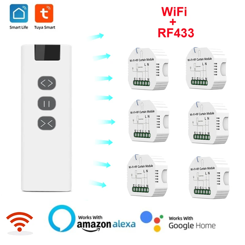 

WiFi RF433MHz Smart Curtain Blinds Module Switch Roller Shutter Motor Tuya Wireless Remote Control Work With Alexa Google Home