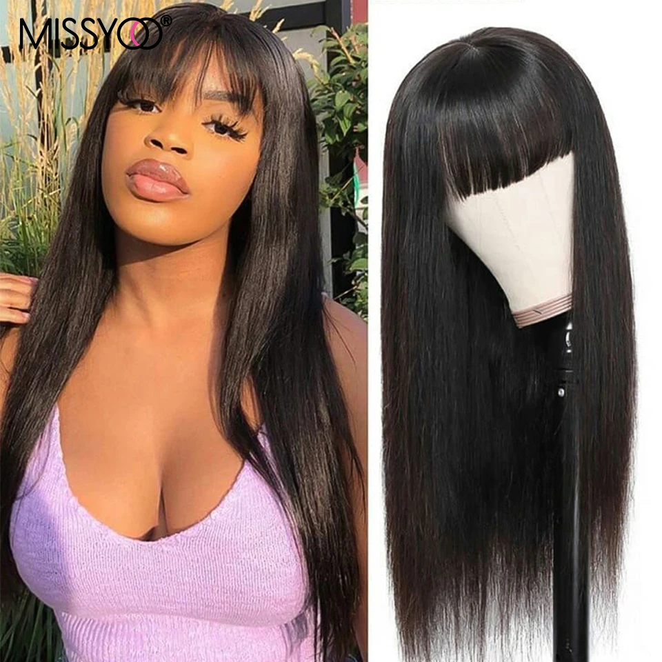 

Cheap Short Bob Remy Full Machine Human hair Wigs With Bangs Fashion Straight Full Frontal Wig For Black Women Pixie Cut