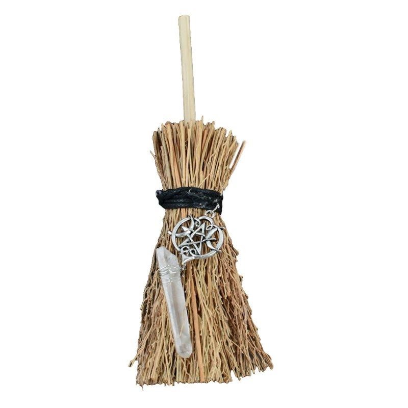 

Мини метла соломенная ведьма метлы с хрустальным кулоном украшения для Хэллоуина Wicca алтальная метла аксессуары для шприца