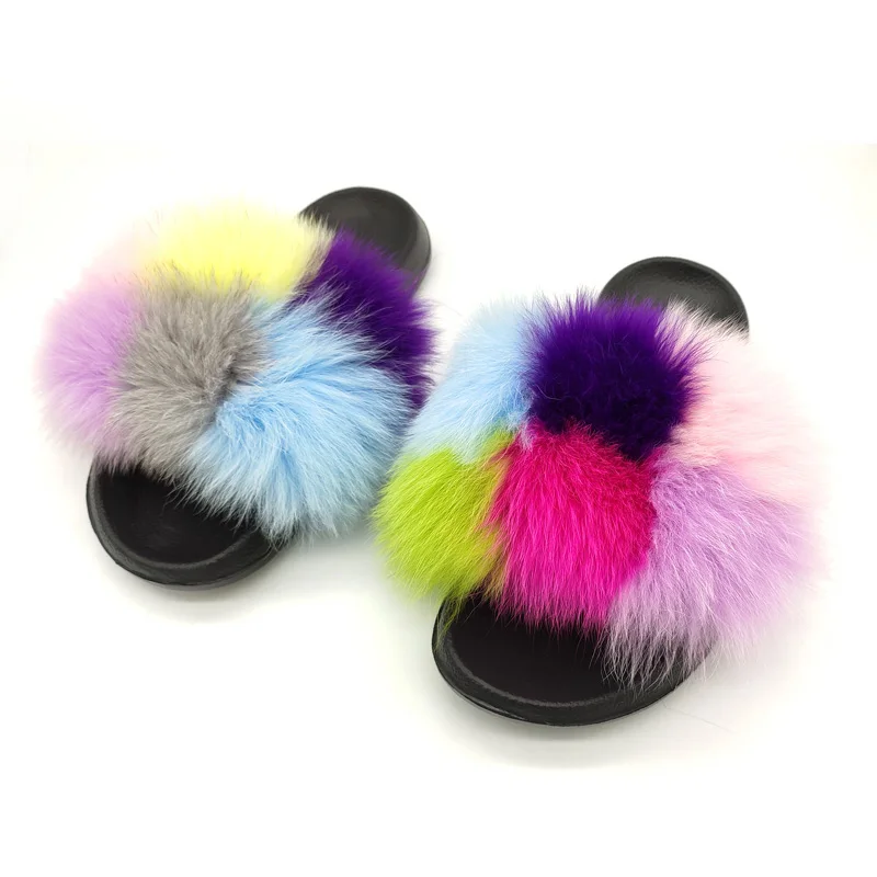 

2020 Summer New Women Slippers Casual Real Fox Fur Slides Fashion Flat EVA Soled Home Flip Flops Female Furry Slippers