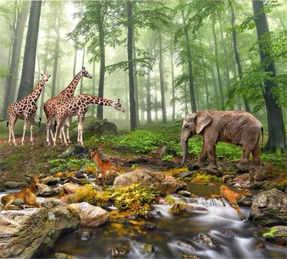 

beibehang Customized Wallpaper Modern Fashion HD Fantasy Forest Giraffe Elephant Elk 3D Landscape Painting Background Wall