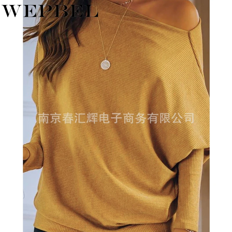 

WEPBEL Womens Solid Color Long Sleeve Off Shoulder Hoodies Sweatshirt 2021 Ladies Loose Pullover Jumper Tops