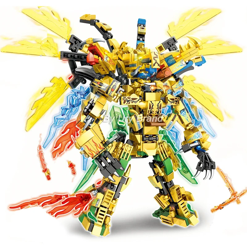 

4in1 Ninja Golden Warrior Robot Mech 2 Heads Flying Dragons Set Dolls Robot DIY Building Blocks Toys For Children Boys Xmas Gift