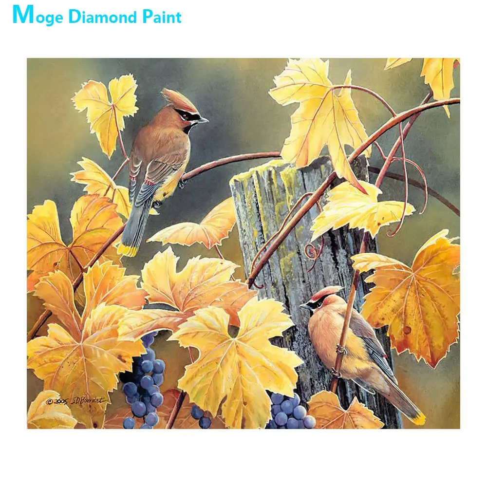 Осенние виноградные листья богемные Waxwing Алмазная картина круглая полная дрель