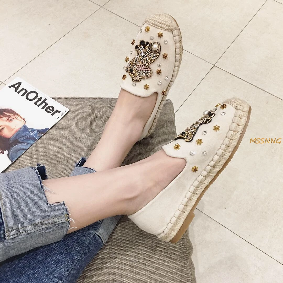 Женские туфли Эспадрильи с заклепками плоская подошва кролик стразы