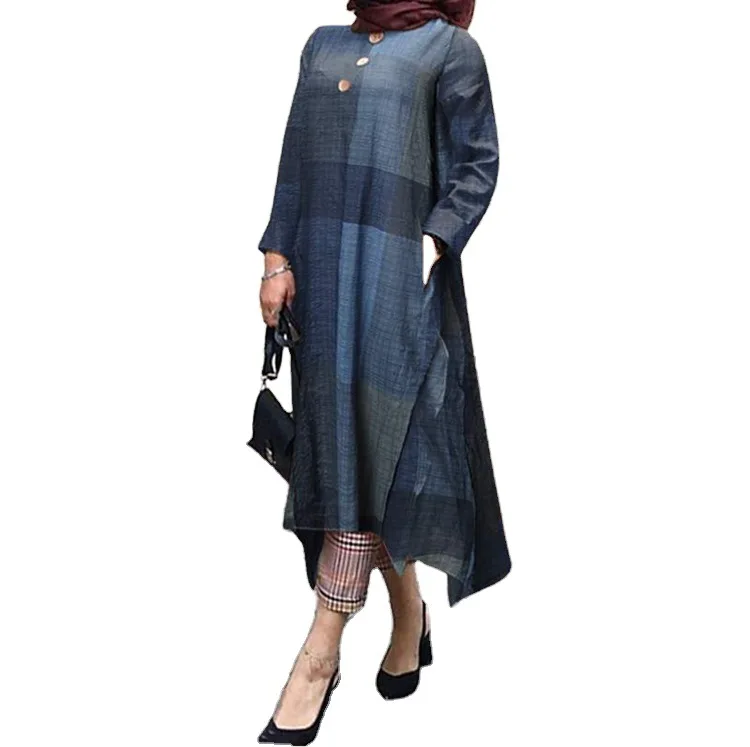 

Medium length cotton hemp casual simple Pullover Plaid loose dress