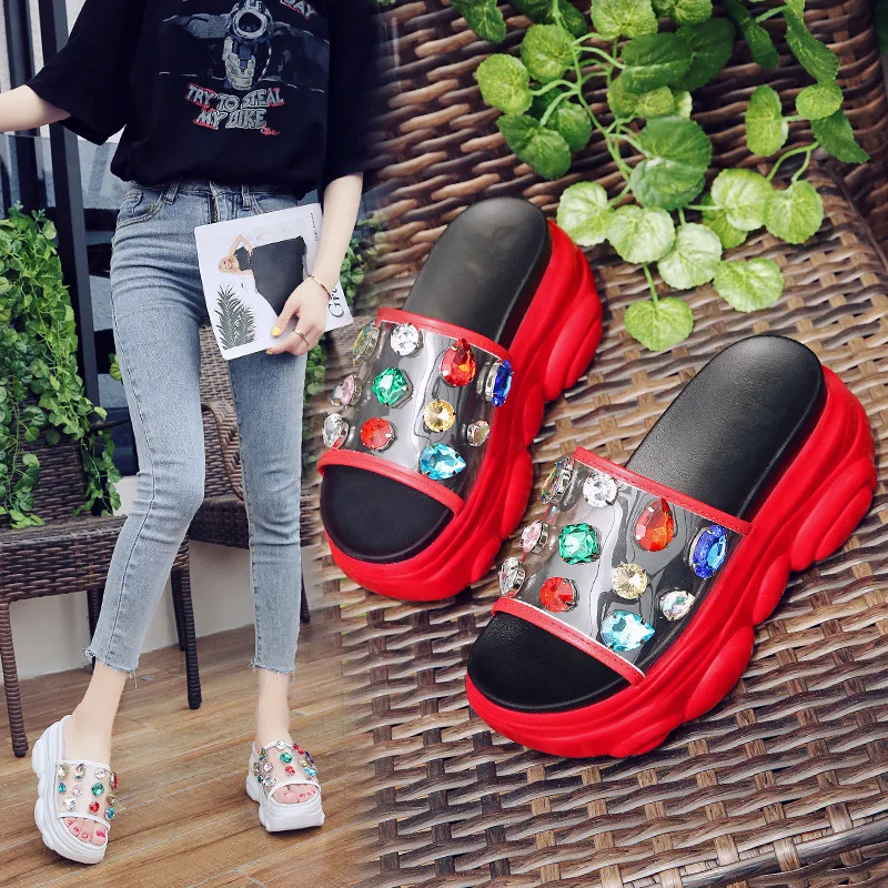 

Muffin Heel Platform Slippers Summer New Transparent Rhinestone 2021 Hot Sandals