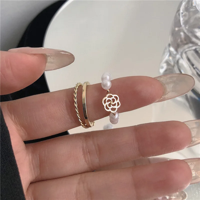 

Pearl camellia ring 2 mounts stacked combination ring Korean INS flower index finger open ring children