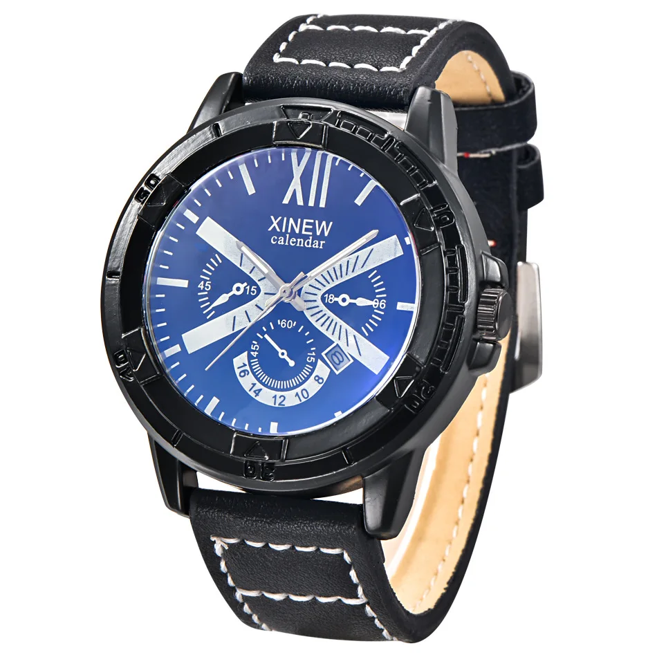 

Hot Brand Watches Mens Leather Calendar Quartz Wrist Watch