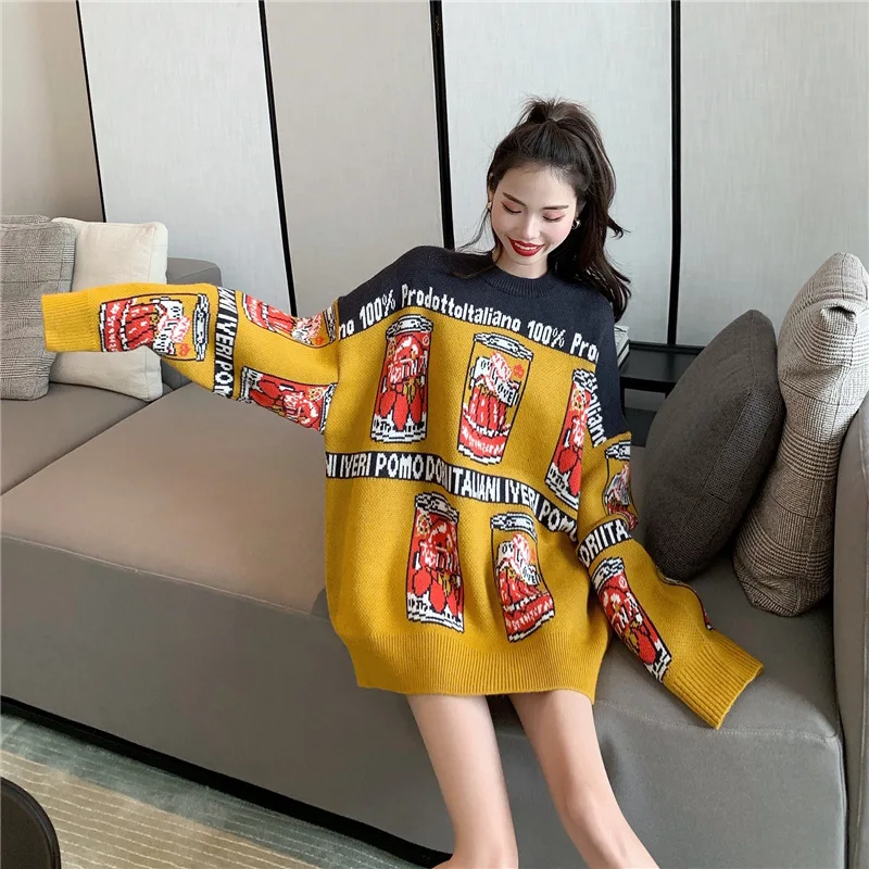 

Fashion harajuku knitted Crew neck Long sleeve Printed Letter sweater Loose winter clothes women Patchwork sweater Hot sale