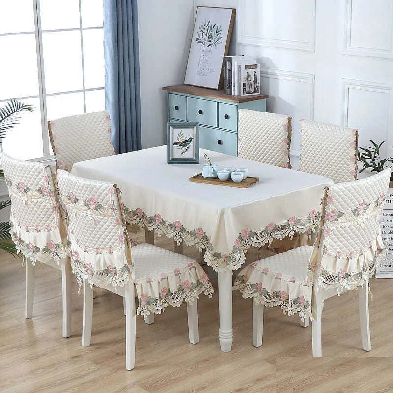 

Embroidered Floral Tablecloth Set Home Decor Solid Color Chair Cushion Lace Chair Cushion Rectangular Table Cloth Table Cover
