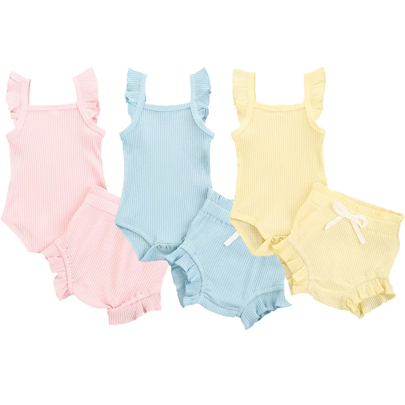 

0-18M Summer Lovely Baby Girls Boys Clothes Sets Solid Knit Ruffles Sleeve Romper Tops Shorts