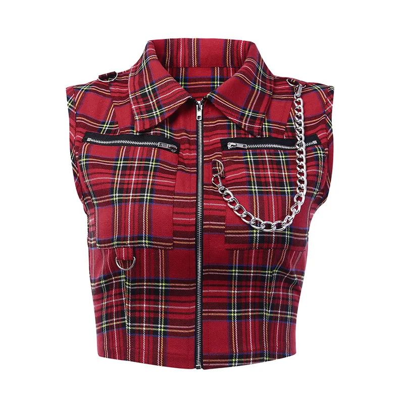 

Chic Sexy Navel Crop Tops Women Tank Top Streetwear Red Plaid Punk Zipper Chain Plaid Female Goth Retro Hip Hop Camis Top