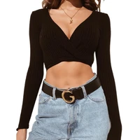 womens sexy deep v neck tops autumn tied long sleeve knitted crop top bandage slim fit pullover female knitwear lady clothing