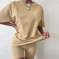 casual solid 2 piece outfit short sleeve o neck crop topbiker shorts matching set fitness comfortable sporty streetwear