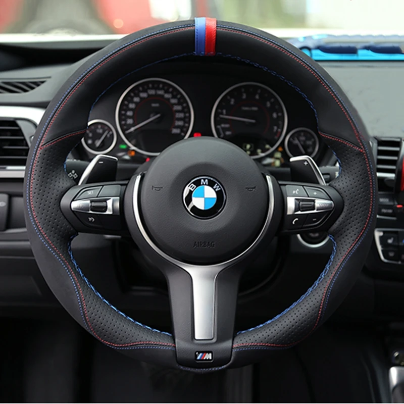 black genuine leather suede car steering wheel cover for bmw m sport f30 f31 f34 x1 f07 x2 f10 f11 f25 f32 f33 f36 x3 f39 f48 free global shipping