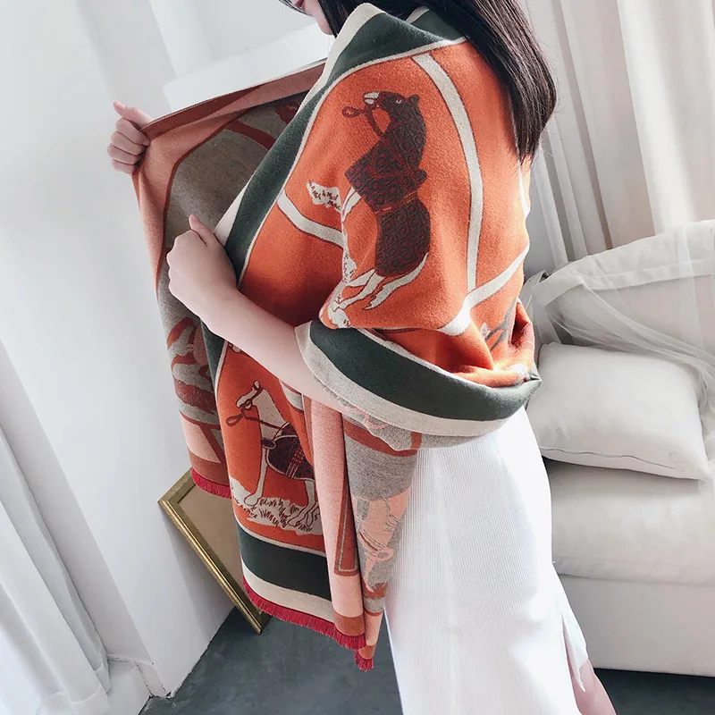 Luxury Winter Cashmere Scarf For Women Warm Pashmina Shawls and Wraps Fashion Chain Animal Print Kerchief Scarves For Lady