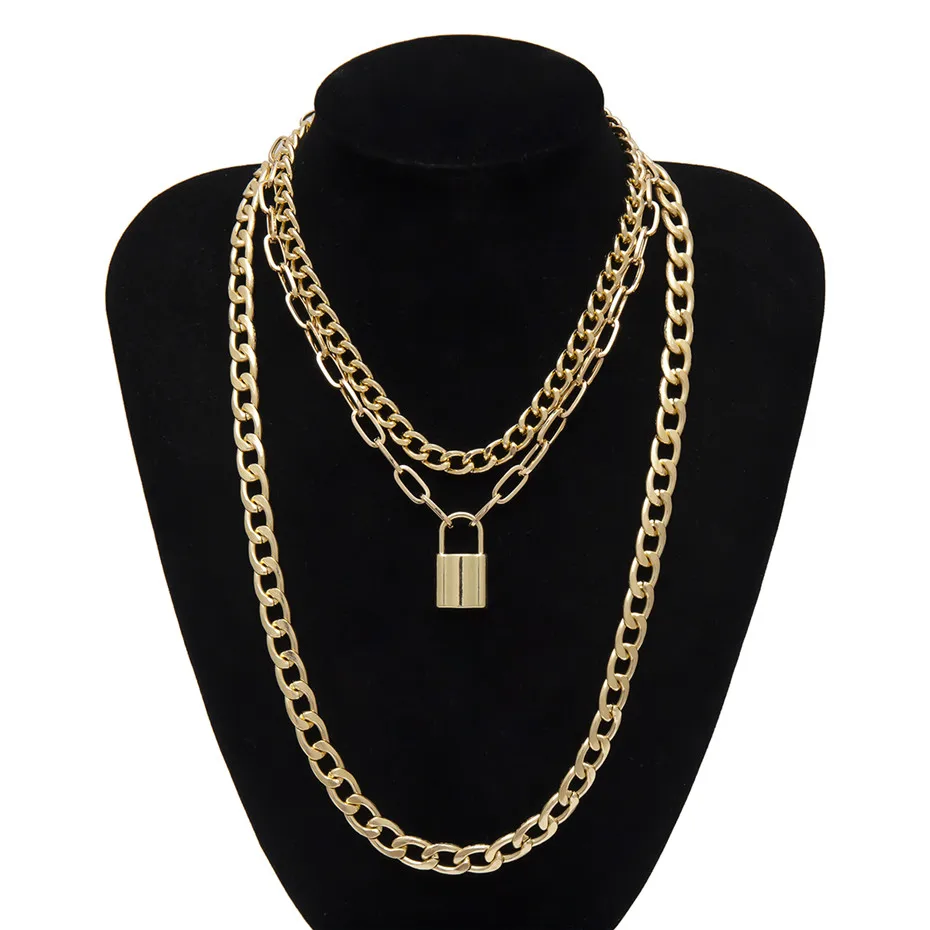 Gold Color Панк кубинская большая массивная цепочка, ожерелье, многослойный замок, подвеска, колье, ожерелье, стимпанк, пара ювелирных изделий - Окраска металла: Gold Color