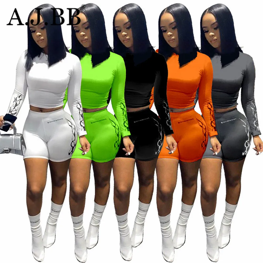 

European fashion solid color leisure sports suit slim fit o-neck long sleeve T-shirt and shorts women's two-piece set