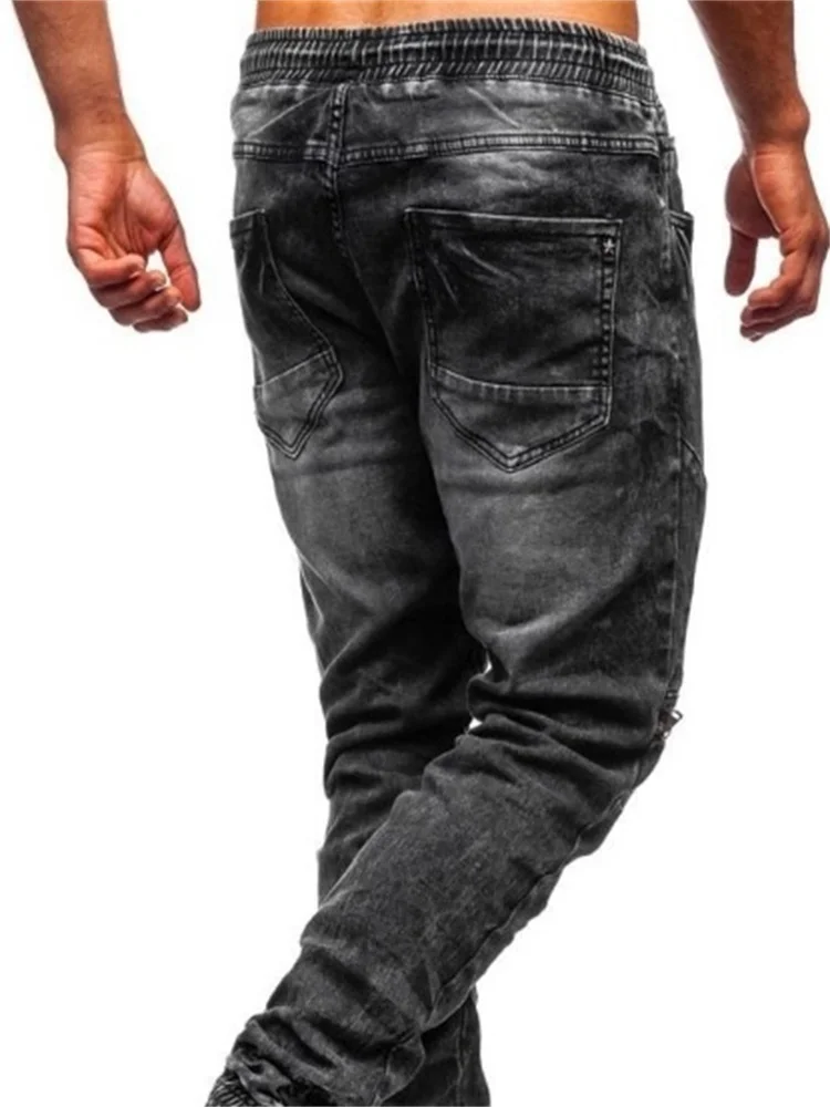 EH·MD® Men's Harem  Jeans Drawstring Sweatpants Dark Blue Large Size Highly Elastic Slim Loose Fashion Splicing Drawstring Pants