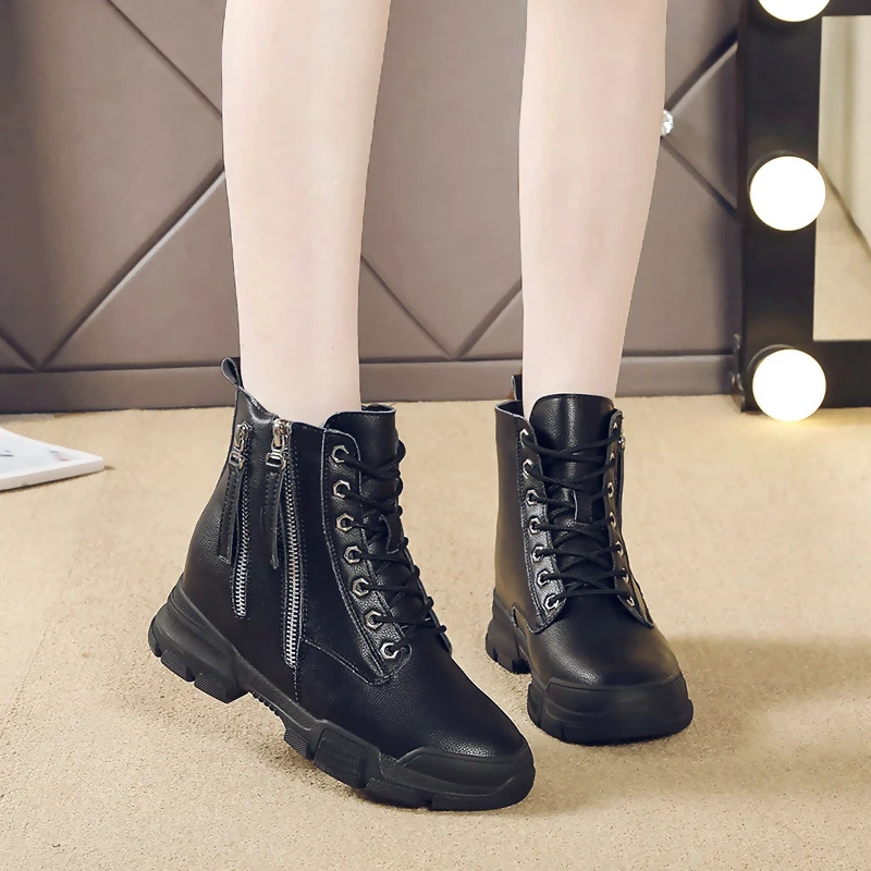 

Autumn Women's Shoes High-top Solid Color Leather Lace-up Platform Casual Wild Trend Trendy Casual Fashion Cotton Shoes W39-39