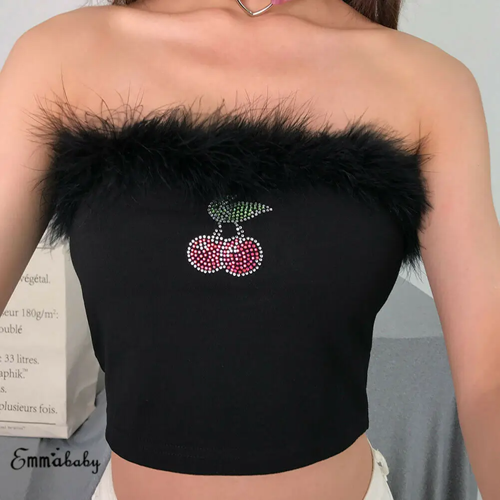 Summer New Fashion Ladies Bustier Off Shoulder Cherry Print Rhinestone Wrap Chest Sexy Women Feather Crop Tops Strapless Vest | Женская