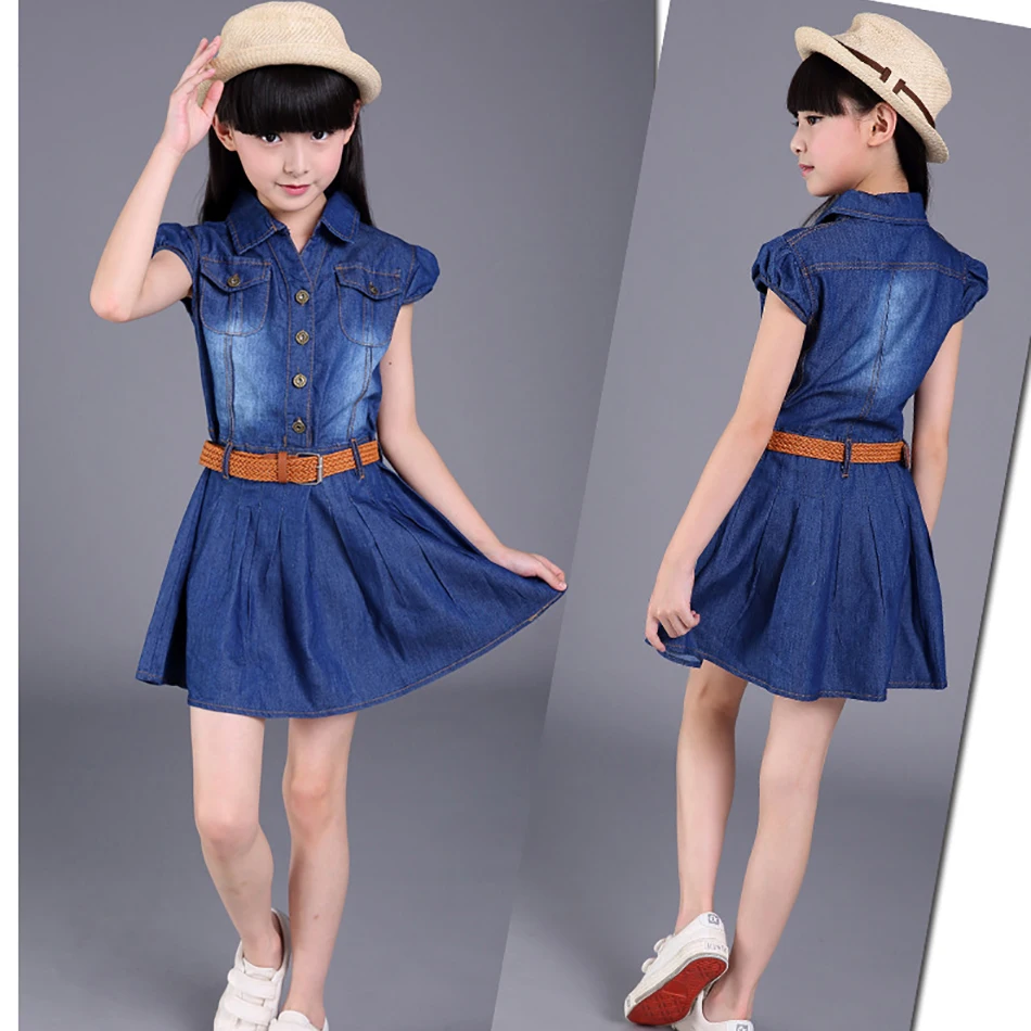 

Girls Summer Denim Clothing for Big Kids with Belt Dress Child Girl Dress Clothing Outfit