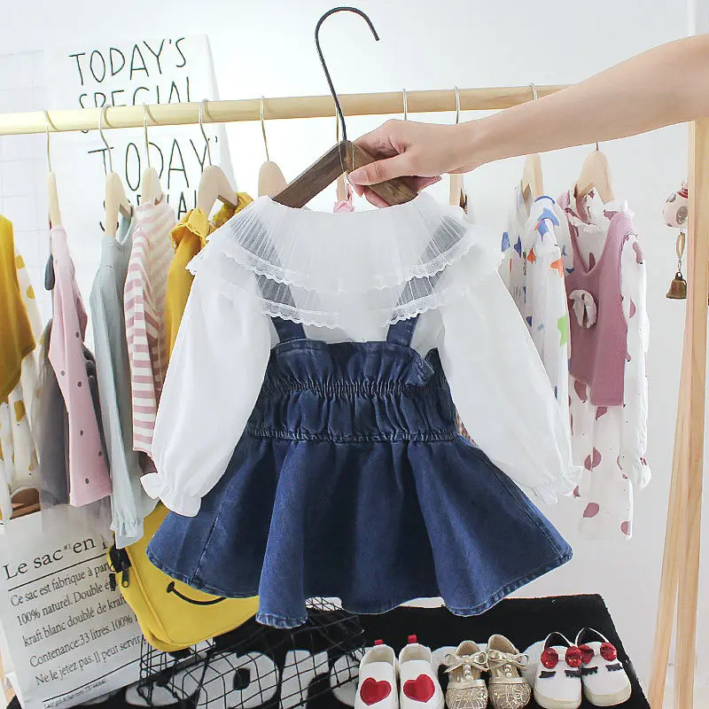 Ropa Para Niñas De 0 A 3 Años Girls White Long-sleeve Lace Top Fashion Denim Skirt Sets Toddler Girl Clothes Two Piece Outfits | Детская