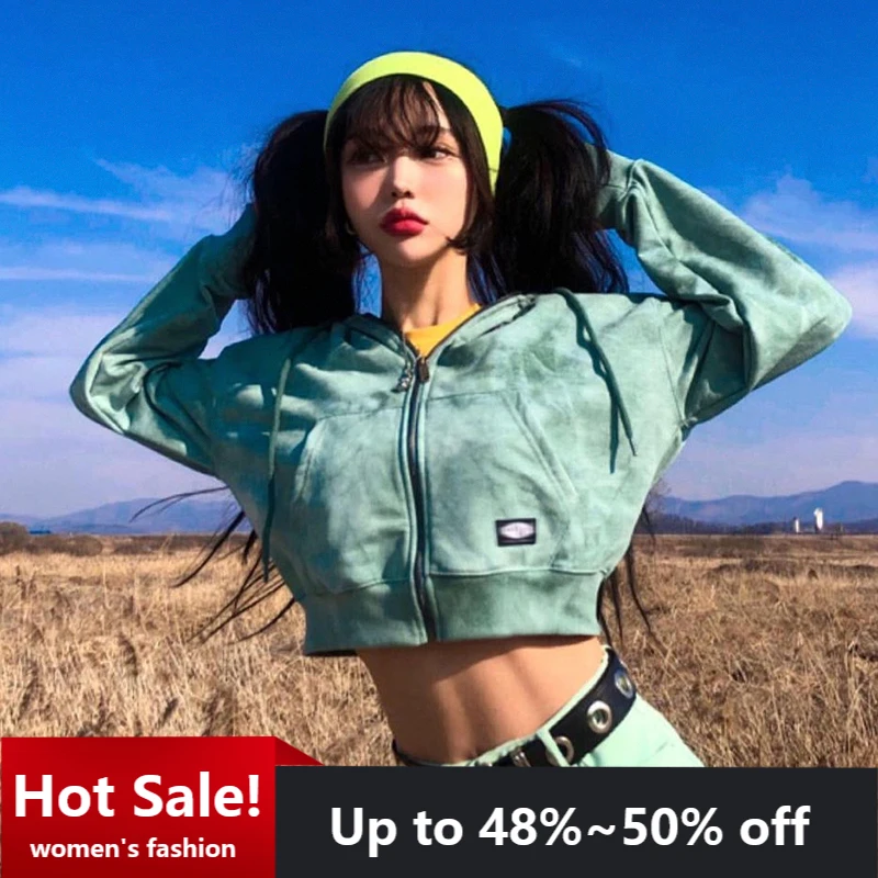 

Green Tie Dye Zip Up Cropped Hoodies Y2k Coats Jackets Harajuku Streetwear Womens Sweatshirts Jacket Coat Cute Short Outwear