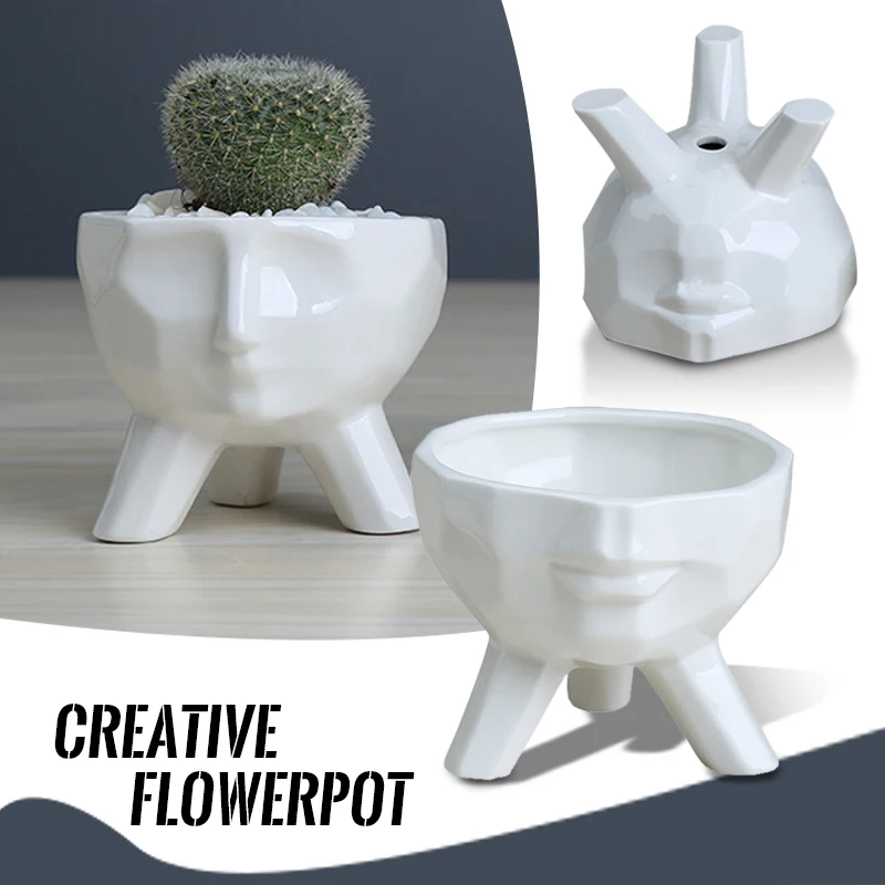 

White Human Face Ceramics Flowerpot Creative Succulent Plants Flowerpot Mini Bonsai Desktop Ornaments Vase Interior Decoration