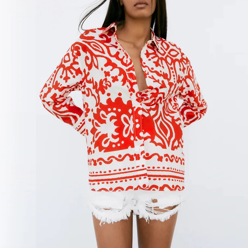 TRAF Za Женская рубашка красная блуза 2021 модный принт Лето воротник Длинная для