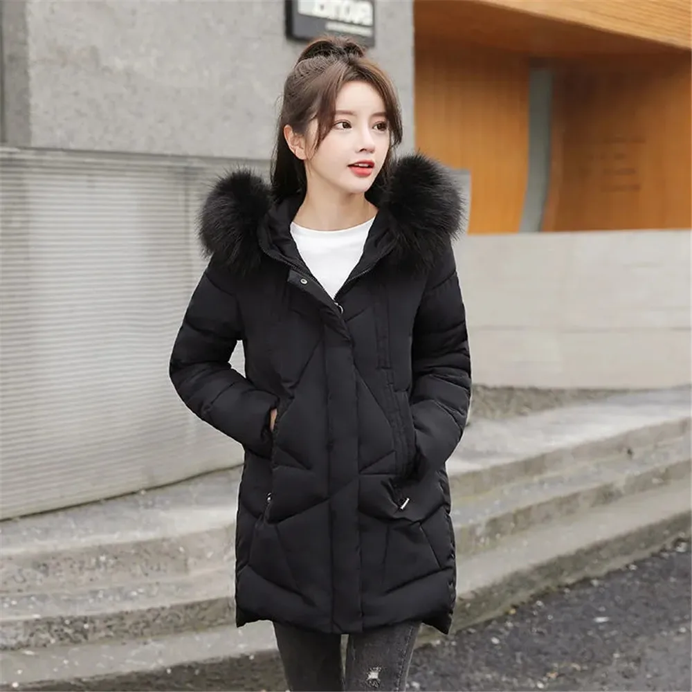

Women'S Winter Thick Jacket Coat The New 2021 Fashion Polyester Loose Hooded Mid-Length Cotton Solid Keep Warm Parkas