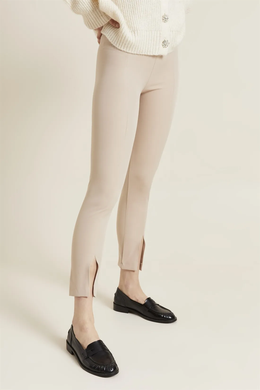 

Women's Beige High Waist Slit Bell-Bottomed Pants