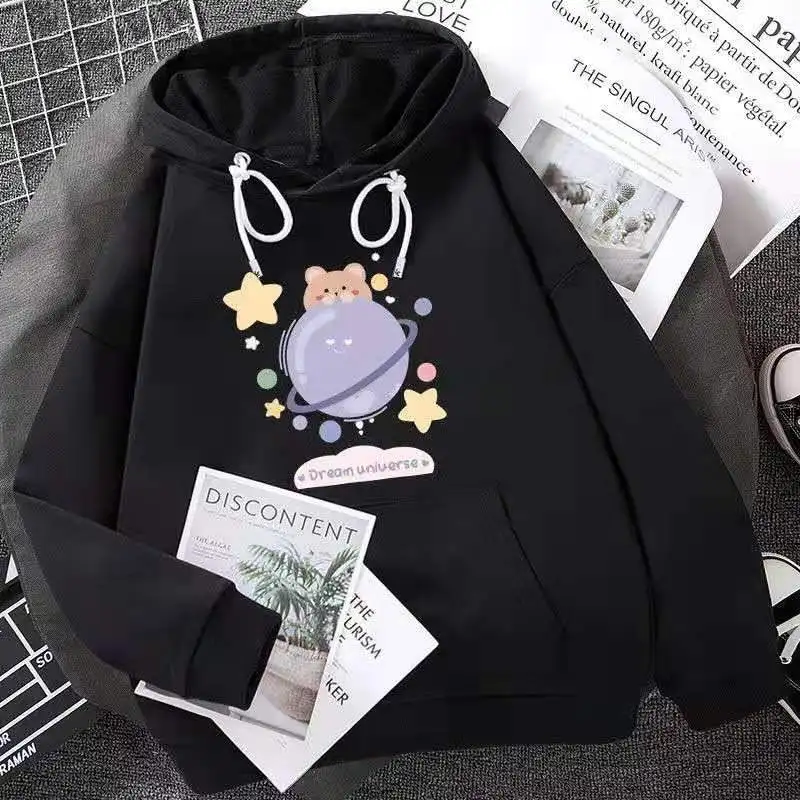 

New Arrival Women Trend Casual Fashion Hip-Hop Sports Hooded Loose Cartoon Printing Pullover Sweater Size S-XXL 031616