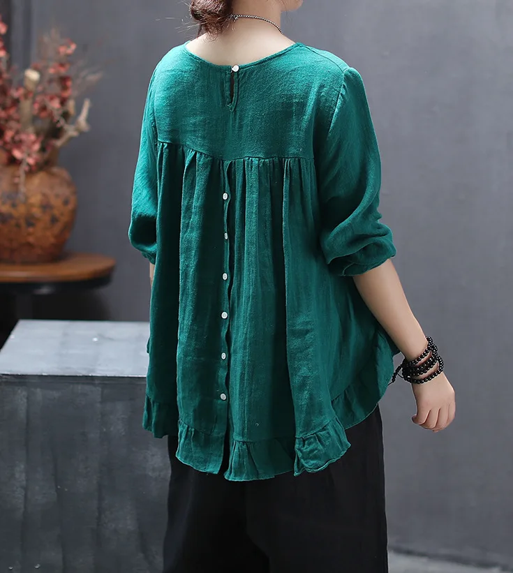 Women T-shirt Spring Autumn Retro Large size Loose Pullovers New Female Tops O-Neck Long-sleeved Button Mori girl Casual | Женская