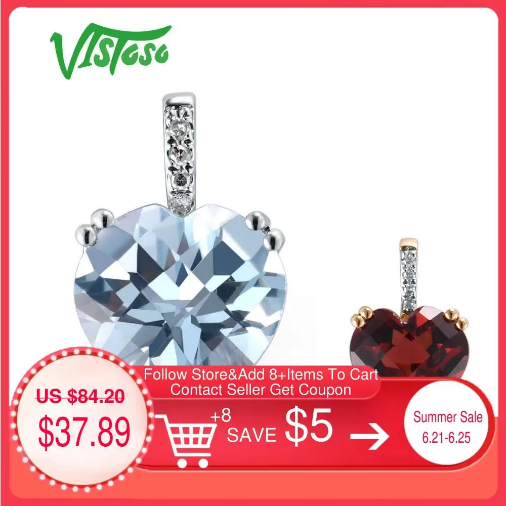 

VISTOSO Gold Pendant For Women Genuine 14K 585 White Gold Radiant Sky Blue Topaz Sparkling Diamond Pendant Delicate Fine Jewelry