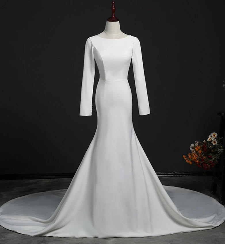 Праздничное платье простой Mermai свадебное из сатина с круглым вырезом и длинными