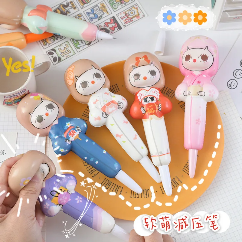 

12PCS Cute Kimono Girl Decompression Pen Student Gel Pen Cartoon Soft Slow Rebound Pen Office Accessories Stationery