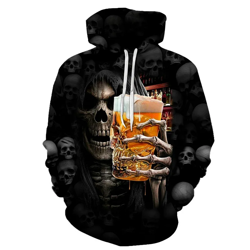 3d Skull Print Hoodie Long Sleeve Black Sweater Casual Sportswear Men's O Neck Pullover Street Oversized Clothes Hoodies Kids