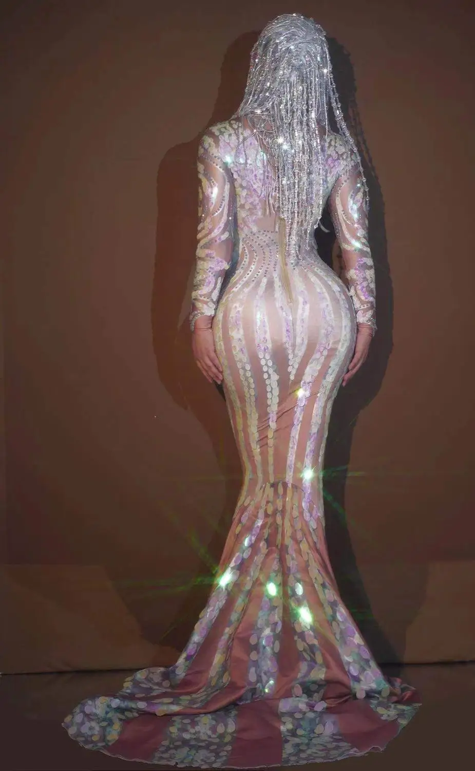 

Flashing Multi-color Rhinestone Sequin Long Dress Birthday Celebrate Mermaid Outfit Women Dancer Prom Spandex Dresses