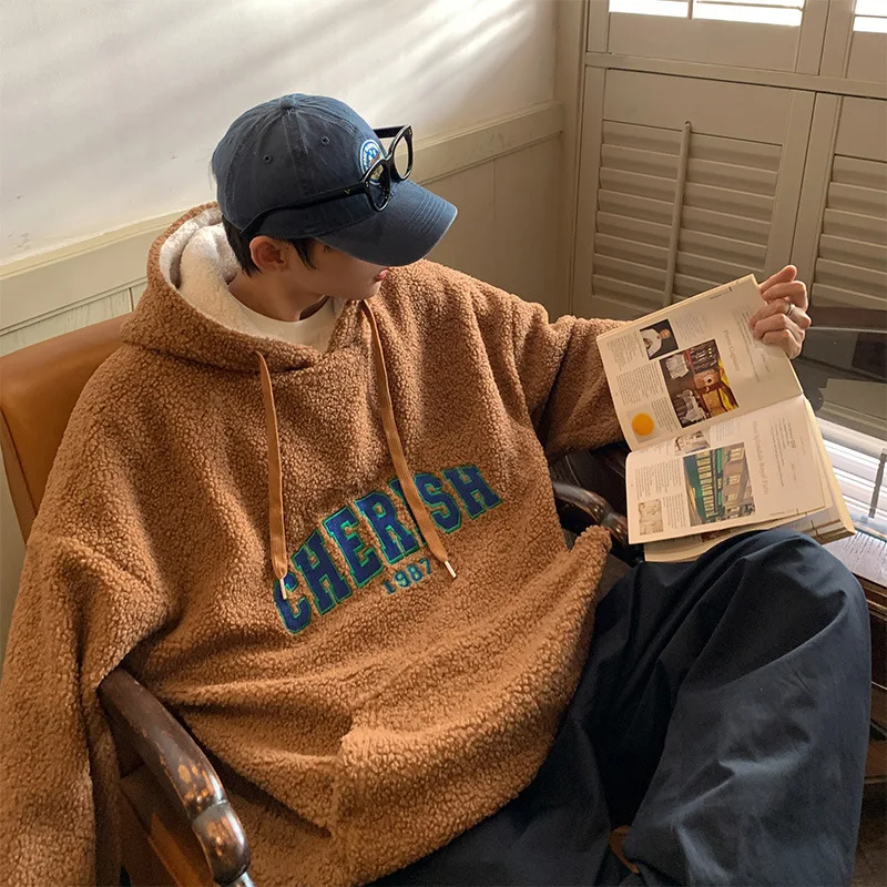 

HOUZHOU Men's Hoodies Plush Blouse Wool Coat Fleece Hooded Sweatshirts Hoodie Sweatshirt Loose Couple Clothes Korean Streetwear