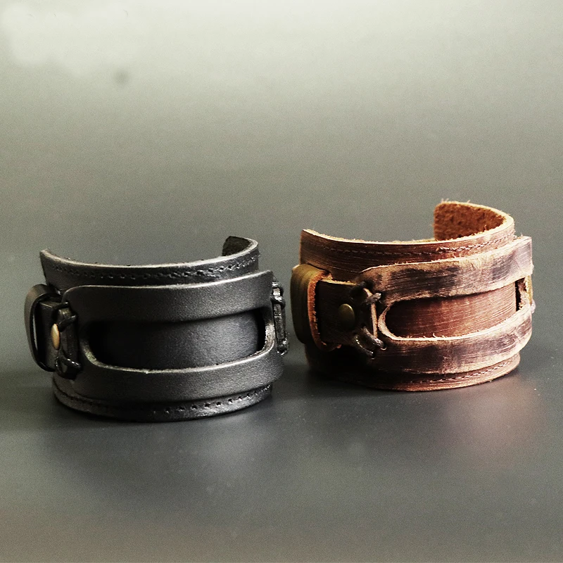 Кожаный двойной широкий Браслет-манжета веревочные браслеты коричневого цвета