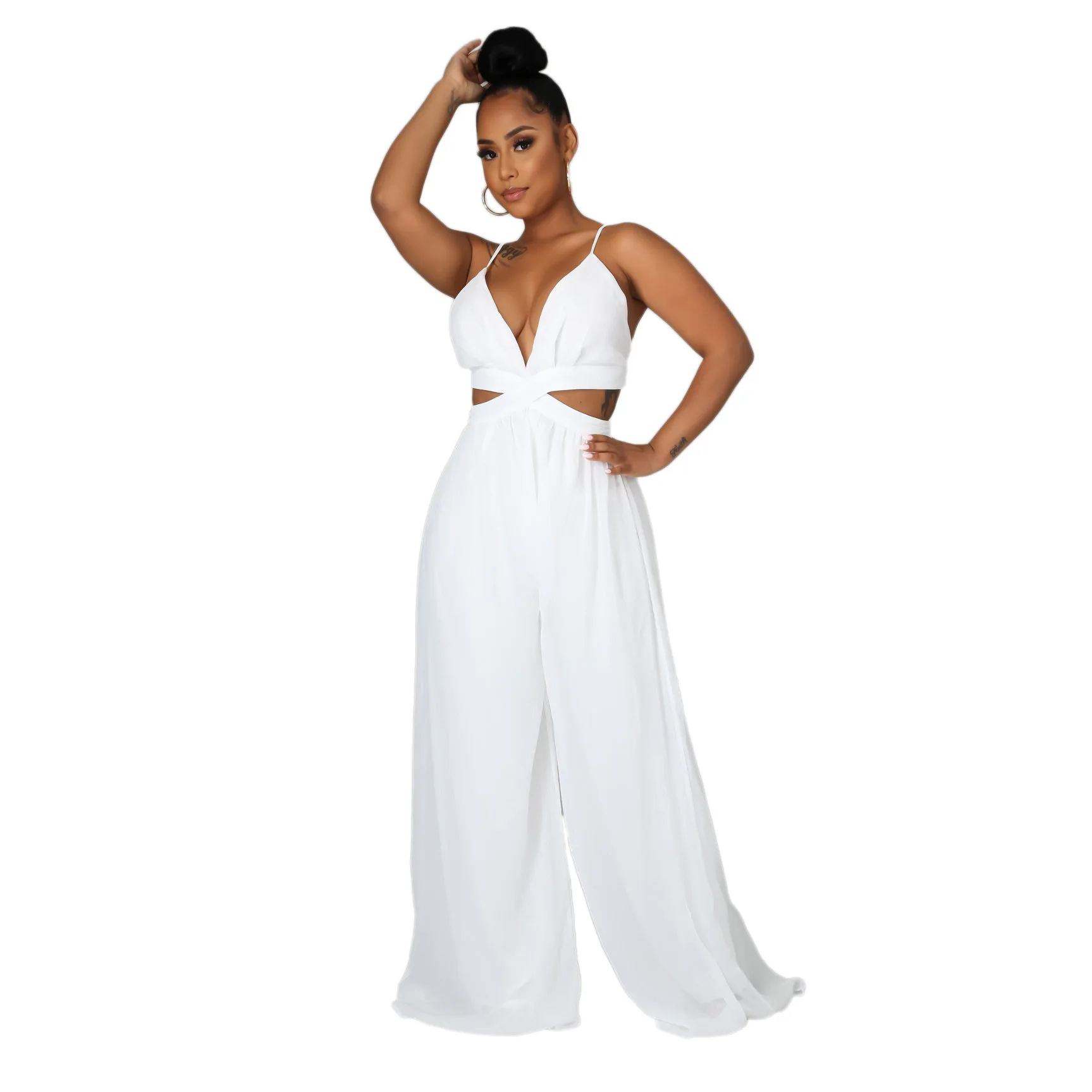 

Echoine Casual Loose Chiffon Women's Jumpsuit Sleeves Solid Color Tunic One Piece Set