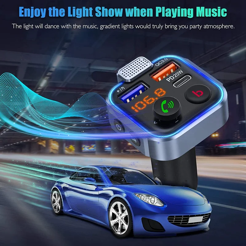 FM Transmitter In-Car Adapter Wireless Bluetooth 5.0 Radio Car Kit Type-C PD 20W+ QC3.0 Fast USB Charger | Электроника