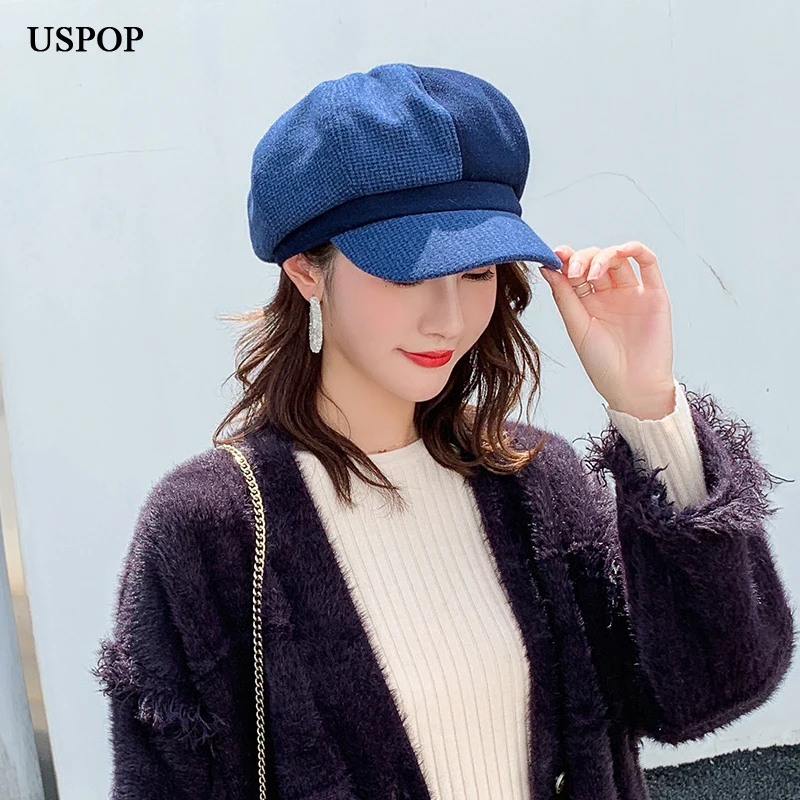 Женская шерстяная шапка USPOP зимняя Шерстяная кепка в клетку восьмиугольная