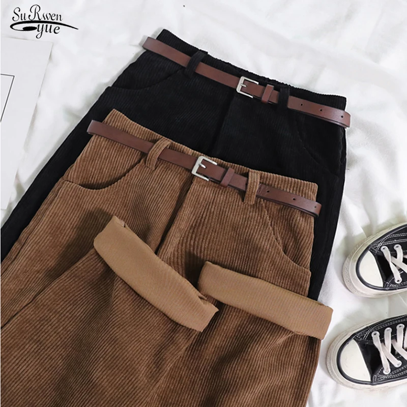 

New Women Corduroy Pants Elastic Waist Winter Vintage Straight Pants Elegant Belt Loose Cotton Trousers Women Pantalon 17374