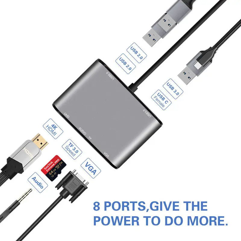 Usb C Hub To Hdmi Vga Adapter - 8 In 1 Docking Station With 4K 3.0 2 2.0 Micro-Sd 3.5Mm Audio Jacket | Компьютеры и офис