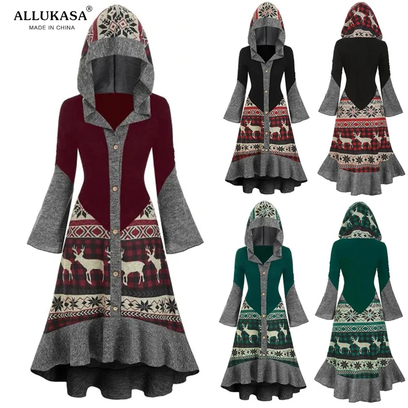 

Allukasa Women Merry Christmas Elk Hooded High Low Flounce Hem Knitted Fashion Autumn Winter Party Dress Plus Size y2k