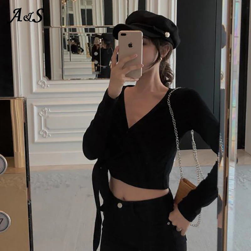 Женская футболка с узлом и V образным вырезом длинным рукавом|Футболки| |